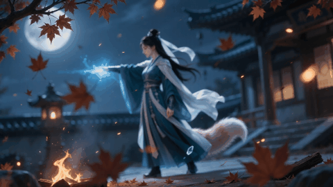 漫天都是漂浮的红色余烬和破碎的枫叶-漫都AIGC训练营